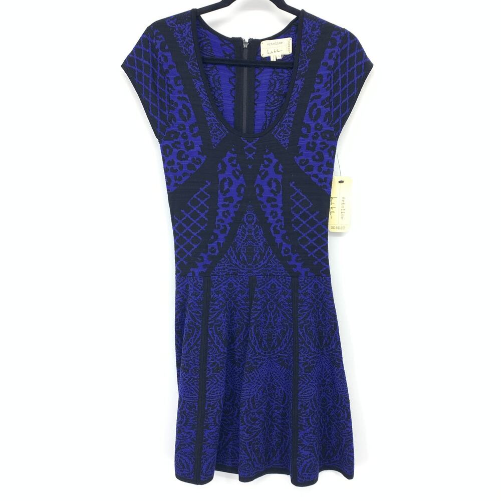 Nicole Miller Artelier Cap Sleeve Knit Dress Womens Size S Blue Black Scoop Neck